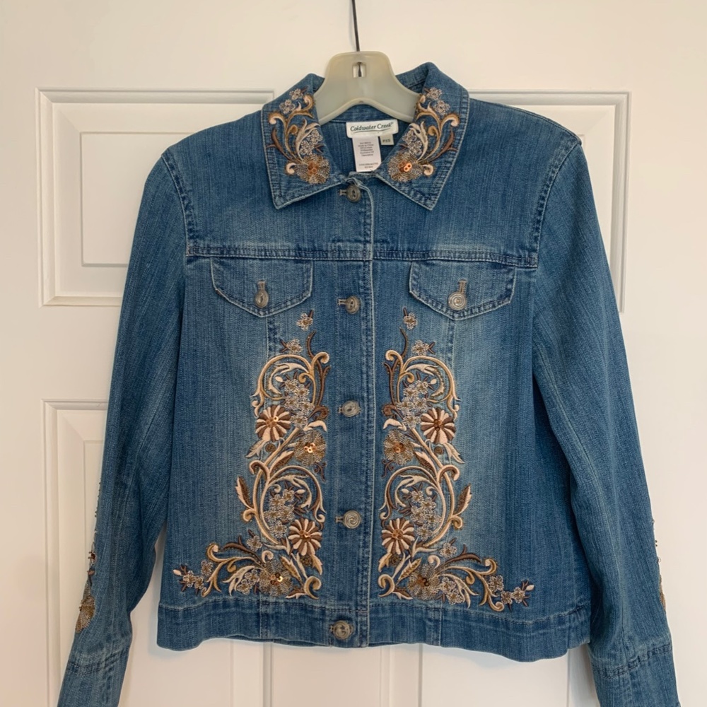 Coldwater Creek Blue Jean Jacket with Embroidery and Embellishments